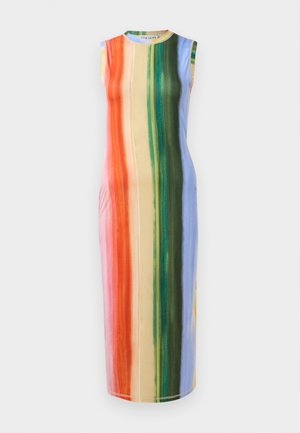 Sleeveless midi dress featuring vertical stripes in orange, pink, green, and blue hues. Fabric appears smooth with a slight sheen.