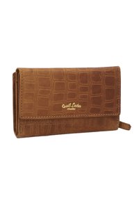 Brown leather wallet with an embossed crocodile pattern, featuring stitching and a gold logo on the front. Folded design with a side tab.