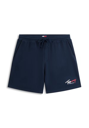 Granatowe męskie spodenki z sznurkiem w pasie, bocznymi kieszeniami oraz logo "Tommy Jeans" w białym i czerwonym kolorze na lewej nodze.