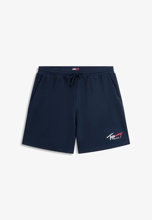 Pantalones cortos para hombre en azul marino con cintura ajustable con cordón, bolsillos laterales y logotipo de "Tommy Jeans" en blanco y rojo en la pierna izquierda.
