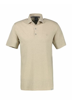 Beiges kurzärmeliges Poloshirt mit geknöpftem Kragen und dezent besticktem Logo auf der linken Brust.
