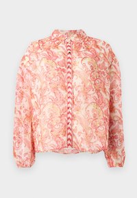 Sheer pink blouse with floral swirls in red and gold, rounded collar, front button closure, elasticized cuffs, and straight hem.