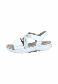 Sandalía blanca con múltiples correas cruzadas y cierre ajustable. Plantilla suave con suela texturizada y acolchado. Diseño ligero y flexible.