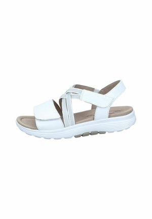 Sandal blanc avec plusieurs brides croisées et fermeture réglable. Semelle intérieure douce avec une semelle texturée et un rembourrage. Design léger et flexible.