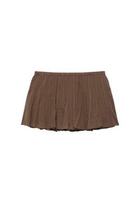 Mini-jupe plissée marron avec un motif à fines rayures verticales et une taille élastique, présentée sur un fond blanc.