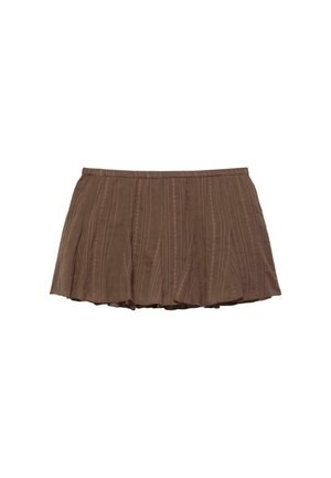 Brauner Plisseerock in Mini-Länge mit feinem vertikalem Streifenmuster und elastischem Bund, auf weißem Hintergrund dargestellt.