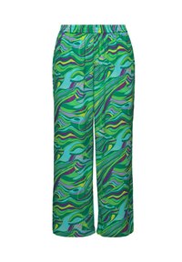 Groene broeken met een golvend abstract patroon in tinten groen, paars en blauw. Voorzien van een elastische tailleband en een losse pasvorm.
