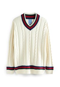 Cremefarbener Strickpullover mit V-Ausschnitt und blau-roten-grünen gestreiften Kragen, Bündchen und Saum.