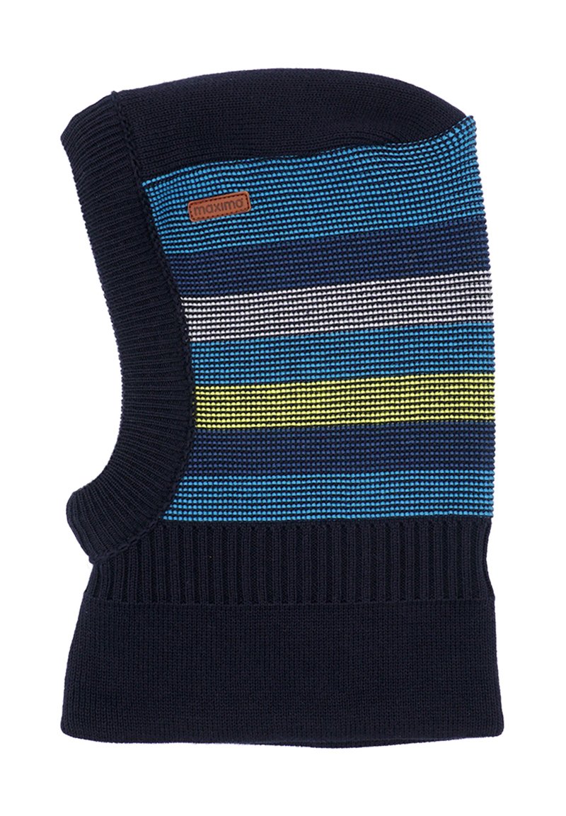 Knitted tube scarf in navy, featuring blue, green, and white horizontal stripes. Ribbed texture at the bottom; logo tag present.
