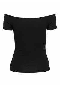 Sort off-shoulder top lavet af blødt stof, med korte ærmer, en tætsiddende silhuet og en glat tekstur. Simpelt og klassisk design.