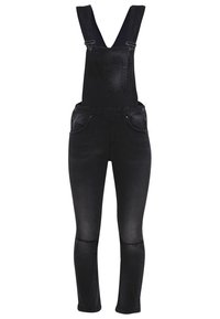 Salopette en denim noir avec bretelles ajustables, poche avant et deux poches latérales. Coupe slim avec une texture délavée et des détails cousus.