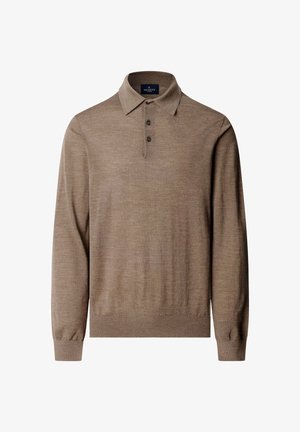 Langarm-Polohemd aus strukturiertem braunem Stoff, mit einem Kragen und drei schwarzen Knöpfen an der Blende. Einfaches, klassisches Design.