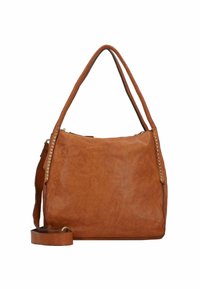 Borsa a tracolla in pelle tan con un design morbido, texture liscia, manici per la spalla e borchie in tonalità oro lungo un lato.