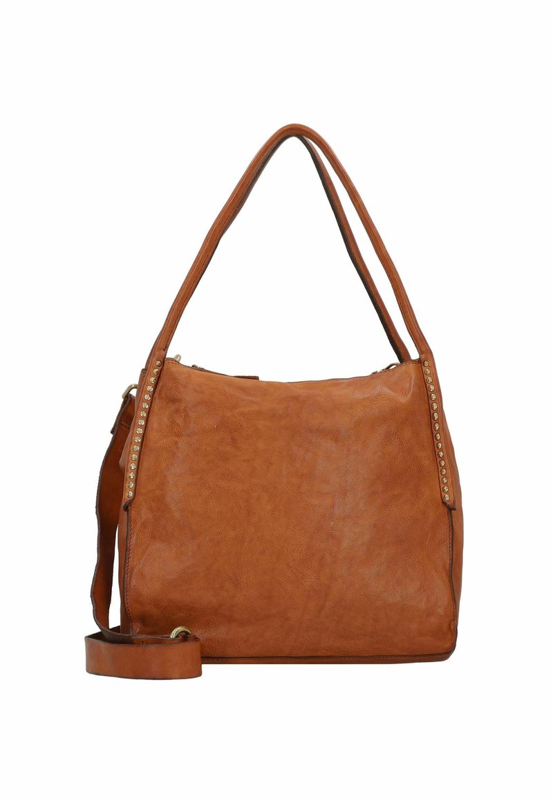 Borsa a tracolla in pelle tan con un design morbido, texture liscia, manici per la spalla e borchie in tonalità oro lungo un lato.