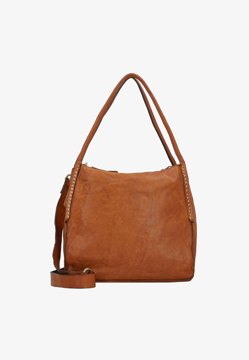 Borsa a tracolla in pelle tan con un design morbido, texture liscia, manici per la spalla e borchie in tonalità oro lungo un lato.