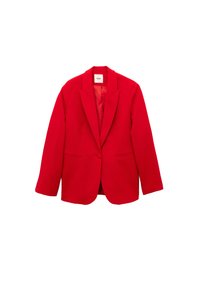 Rød blazer lavet af et glat stof. Har en enkelt knaplukning, notch-kraver og to forlommer med slanke linjer.