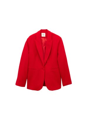 Blazer rojo hecho de una tela suave. Presenta un cierre con un solo botón, solapas con muesca y dos bolsillos frontales con líneas elegantes.