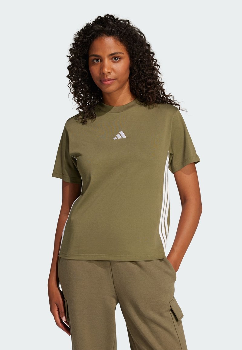 Olive green short-sleeve t-shirt with a crew neck, featuring white side stripes and a small white logo on the chest. Soft, smooth fabric.