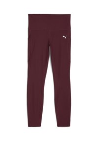 Burgundowe legginsy sportowe wykonane z elastycznego, gładkiego materiału, z wysokim stanem, bocznymi kieszeniami oraz małym białym logo na dolnej części nogawki.