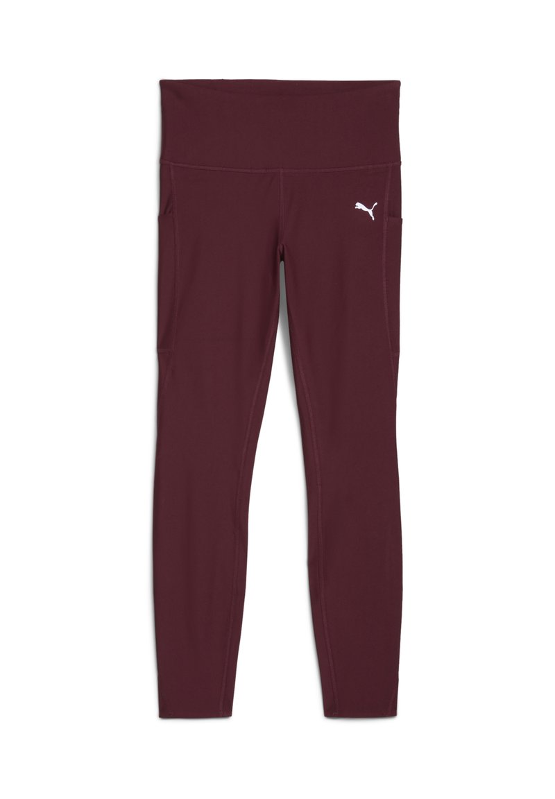 Burgundowe legginsy sportowe wykonane z elastycznego, gładkiego materiału, z wysokim stanem, bocznymi kieszeniami oraz małym białym logo na dolnej części nogawki.