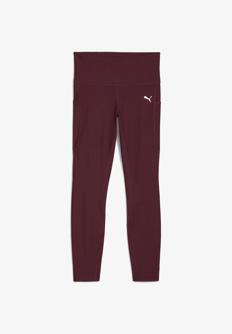 Burgundowe legginsy sportowe wykonane z elastycznego, gładkiego materiału, z wysokim stanem, bocznymi kieszeniami oraz małym białym logo na dolnej części nogawki.