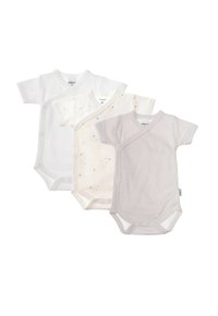 Set aus drei kurzärmeligen Bodysuits in Weiß, Creme mit Sternenmuster und hellgrauer gestreifter Baumwolle. Mit Druckknöpfen und Wickeldesign.