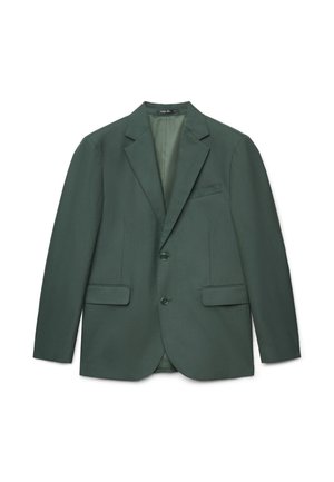 Blazer pour homme vert foncé avec revers crantés, deux boutons et trois poches avant, posé à plat sur un fond blanc.