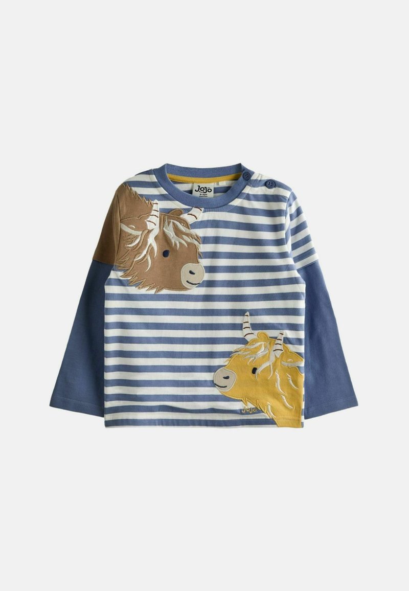 Dlhé rukávy modro-biele pruhované tričko s aplikáciami zvieracích tvárí v hnedej a žltej farbe. Bavlnený materiál s okrúhlym výstrihom a detailom s gombíkom.