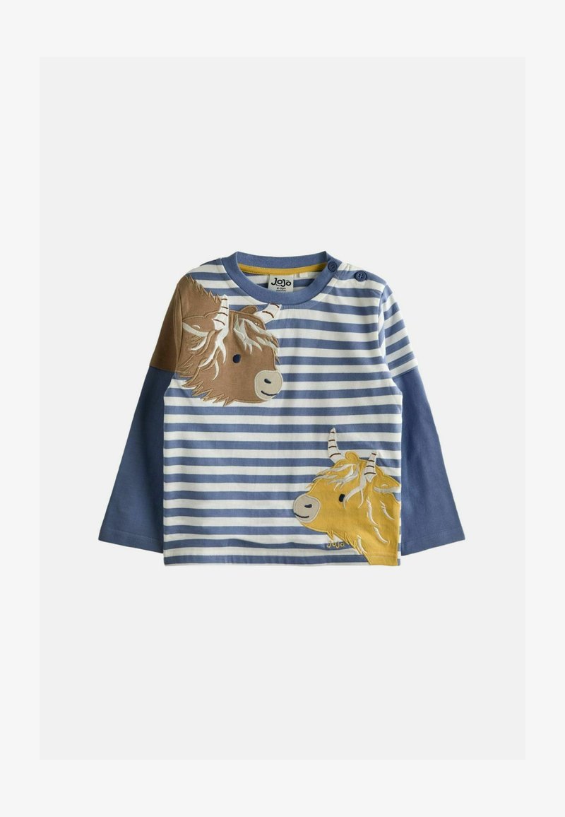 Dlhé rukávy modro-biele pruhované tričko s aplikáciami zvieracích tvárí v hnedej a žltej farbe. Bavlnený materiál s okrúhlym výstrihom a detailom s gombíkom.