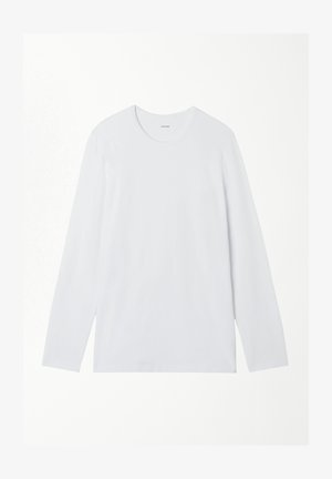 Plain white long-sleeve crew neck shirt displayed flat on a white background.
