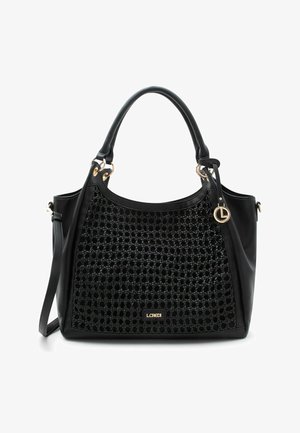 Sac à main noir avec panneau avant en tissage, poignées arrondies, bandoulière amovible, et plaque logo et breloque dorées.