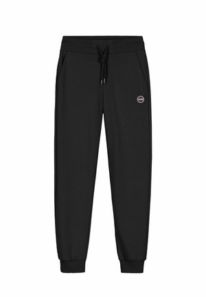 Pantaloni da jogging neri con fascia elastica in vita e ai polsini, tasche laterali, coulisse e un piccolo logo Colmar circolare sulla coscia destra.