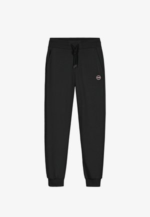 Crne hlače za trčanje s elastičnim pojasom i manžetama, bočnim džepovima, vezicom za vezanje i malim okruglim Colmar logom na desnom bedr.