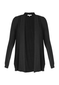 Zwarte cardigan met lange mouwen gemaakt van lichtgewicht stof, met een open voorkant zonder sluitingen. Gladde textuur met een vloeiend silhouet.