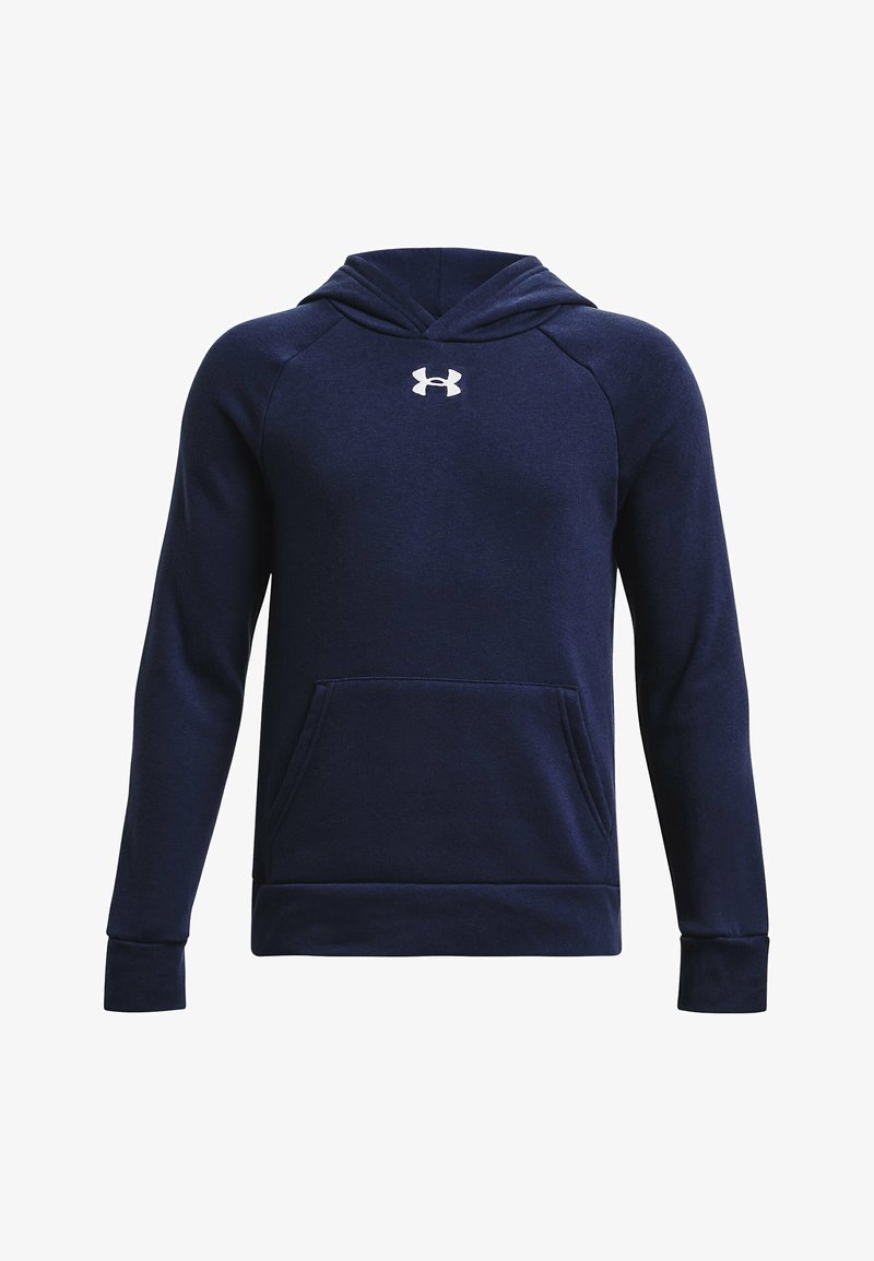 Sudadera azul marino con bolsillo delantero, mangas largas, puños y dobladillo acanalados, con un logo blanco en el pecho. Textura de tela suave.