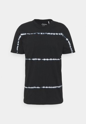 Black cotton t-shirt featuring horizontal white tie-dye stripes. Crew neck design with short sleeves. Soft texture, casual fit.