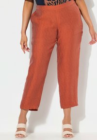 Pantalony širokého střihu v rezavé barvě z texturované tkaniny s jemným vzorem, obsahující dvě boční kapsy a vysoký pas.