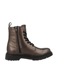Bottine métallique marron avec fermeture éclair sur le côté, lacets à l'avant, semelle en caoutchouc et finition texturée. Comprend une languette à l'arrière.