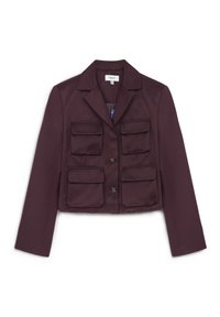 Knick-Pullover aus burgunderrotem, glattem Stoff mit großen Fronttaschen, einem Reverskragen und einer Knopfleiste vorne.