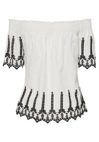 Blouse blanche à épaules dénudées avec encolure élastique, manches courtes, et broderie florale noire sur les manches et l'ourlet.