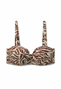 Brun och beige zebra-mönstrad bikiniöverdel med bygel, justerbara axelband och rynkade detaljer fram. Tillverkad av mjukt tyg.