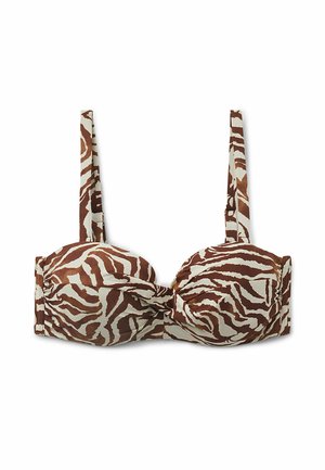Bikini-Oberteil mit Unterwire im braun-beigen Zebramuster, verstellbaren Trägern und gerafften Vorderdetails. Hergestellt aus glattem Stoff.