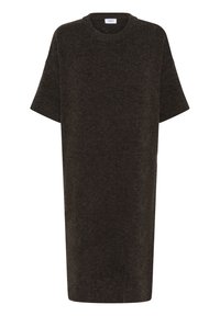 Robe T-shirt oversize gris foncé, fabriquée en tissu tricot doux. Elle possède un col rond et des manches courtes. Silhouette simple et droite.