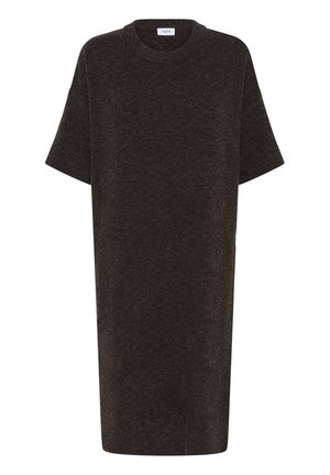 Czarna szara, oversize sukienka T-shirt, wykonana z miękkiej dzianiny. Posiada okrągły dekolt i krótkie rękawy. Prosta, prosta sylwetka.