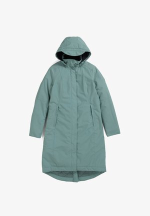 Letvægts, hættejakke i dæmpet teal, med fuld frontlynlås, sidelommer og en længere rygstykke for ekstra dækning.