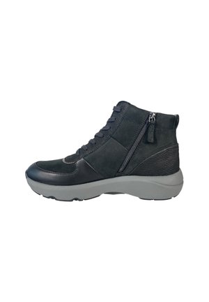 Black high-top shoes made of leather and suede, featuring a side zipper, textured accents, and a cushioned gray sole.