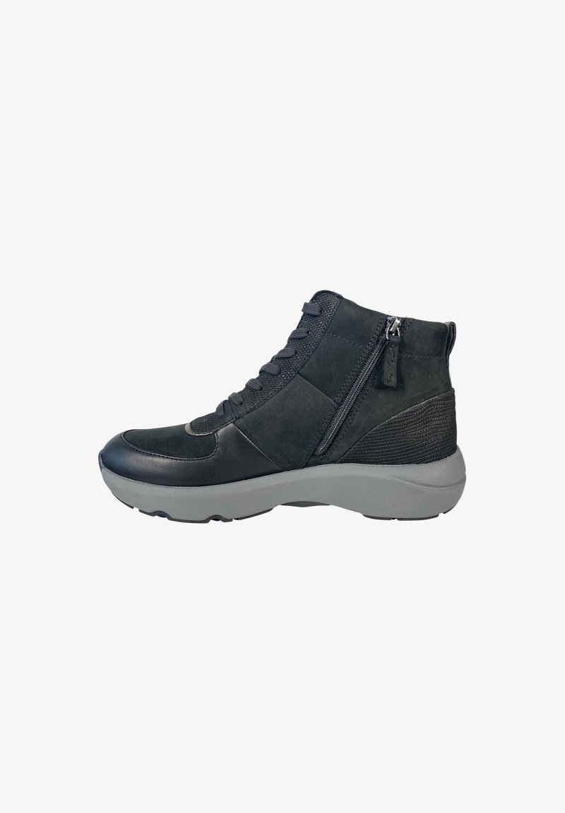 Black high-top shoes made of leather and suede, featuring a side zipper, textured accents, and a cushioned gray sole.