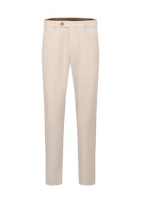 Beige maßgeschneiderte Hose aus glattem Stoff, mit einem Knopfverschluss, flacher Vorderseite und schlankem Schnitt ohne Muster.
