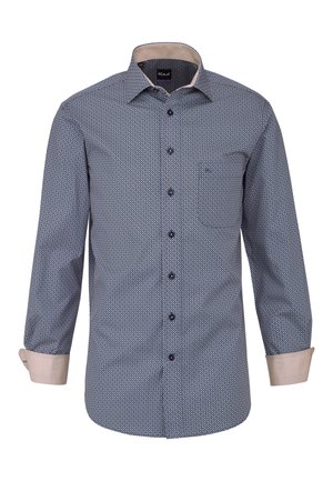 Camicia da uomo a maniche lunghe con bottoni, motivo geometrico blu, colletto interno beige e polsini beige.