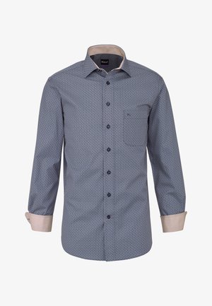 Camicia da uomo a maniche lunghe con bottoni, motivo geometrico blu, colletto interno beige e polsini beige.